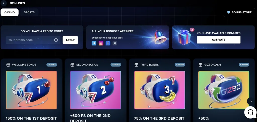 Bonuses at Gizbo