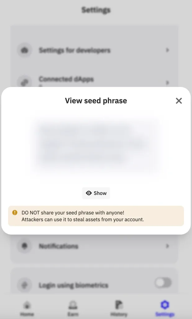 Backup seed phrase